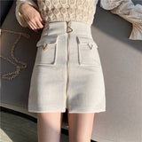 EACHIN Women High Waist Tweed Skirt Women Autumn Winter Fashion Front Zip Slim A Line Mini Skirt Female Sexy Korean Bottom Skirt