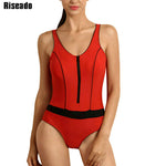 Riseado Zipper One Piece Swimsuit 2020 Swimwear Women Sports Swimming Suit for Women Cross Bandage U-back Bathing Suits XXL