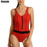 Riseado Zipper One Piece Swimsuit 2020 Swimwear Women Sports Swimming Suit for Women Cross Bandage U-back Bathing Suits XXL