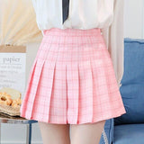Gentillove Women Causal Japanese Mini Pleated Skirt High Waist Pink A-line Skirts 2019 Casual Plaid Streetwear Skirts Bottoming