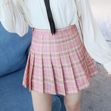 Gentillove Women Causal Japanese Mini Pleated Skirt High Waist Pink A-line Skirts 2019 Casual Plaid Streetwear Skirts Bottoming