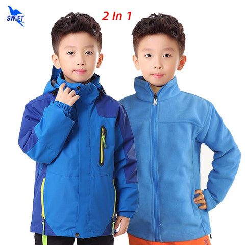 2 IN 1 Children Outdoor Windproof 2 Layers Hiking Jackets Boys Girls Winter Sport Skiing Hooded Coat Kids Camping Fleece Clothes