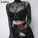 InstaHot Fishnet Turtleneck Mesh Crop Tops Women Sexy See Through Club Blouse Belt Choker Gothic Shirts Party Autumn Navel Plain