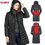 SNOWWOLF 2018 Women Heated Outdoor Winter Clothes USB Infrared Heating Hooded Long Down Jacket Camping Hiking Thermal Women Coat